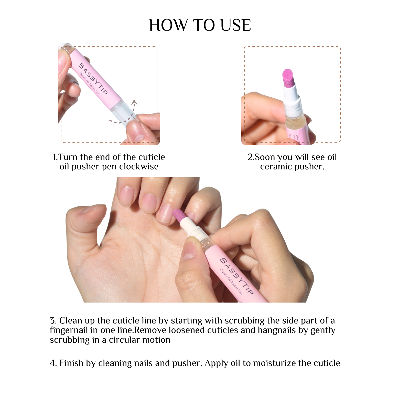 SassyTip Cuticle Pusher Pen 2.0 with visible nourishing oil for hydrated cuticles