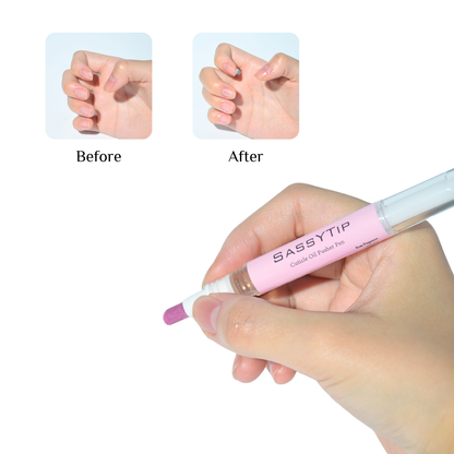 Before and after using SassyTip Cuticle Pusher Pen 2.0 for healthy, neat cuticles