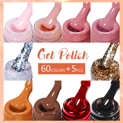 60 Colors Gel Polish with 5pcs Base Top Coat Set 10ml