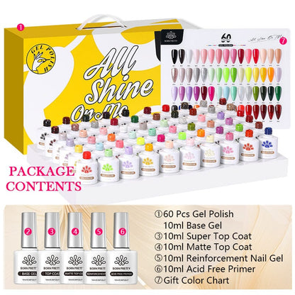 60 Colors Gel Polish with 5pcs Base Top Coat Set 10ml