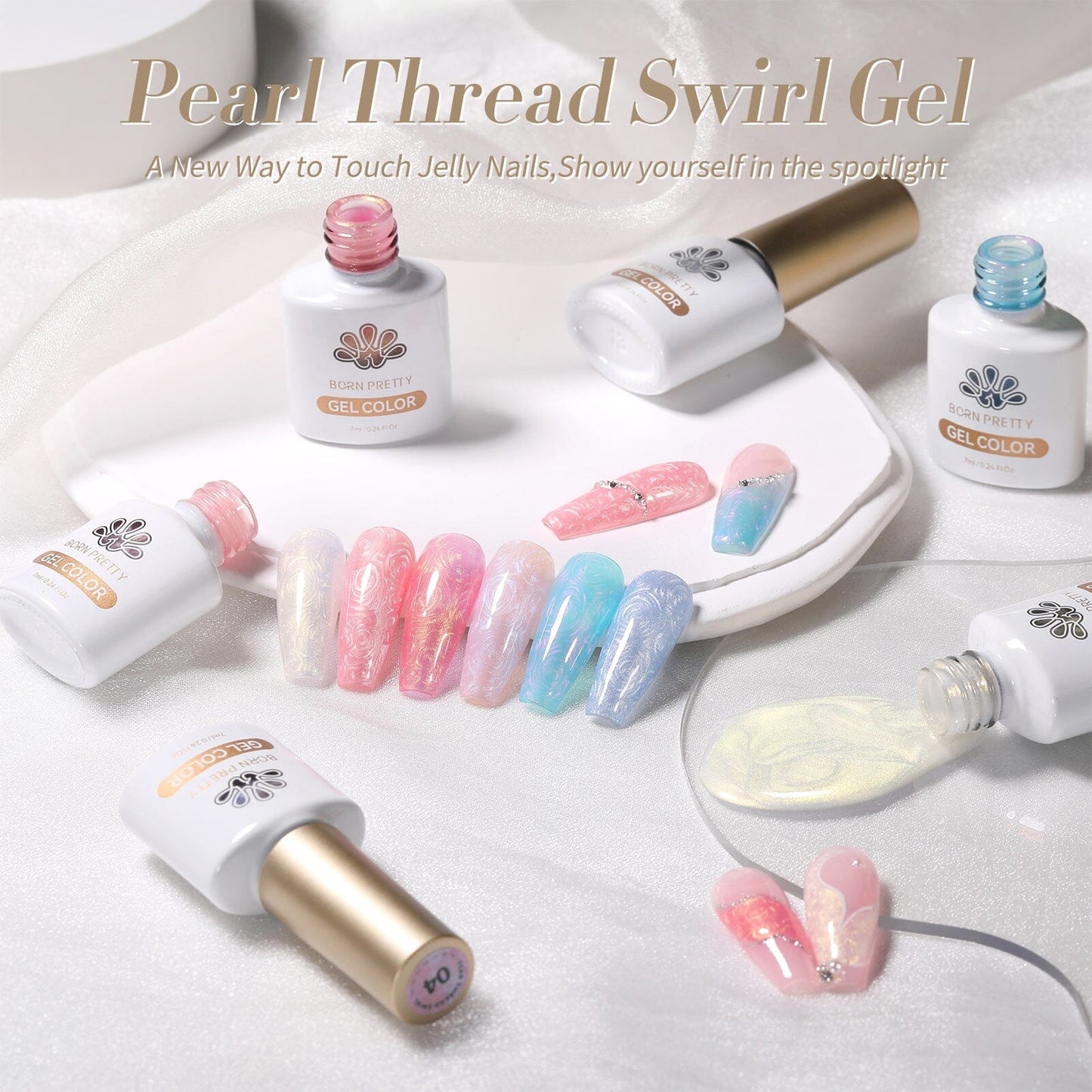 6 Colors White Pink Pearl Thread Swirl Gel Polish Set 7ml
