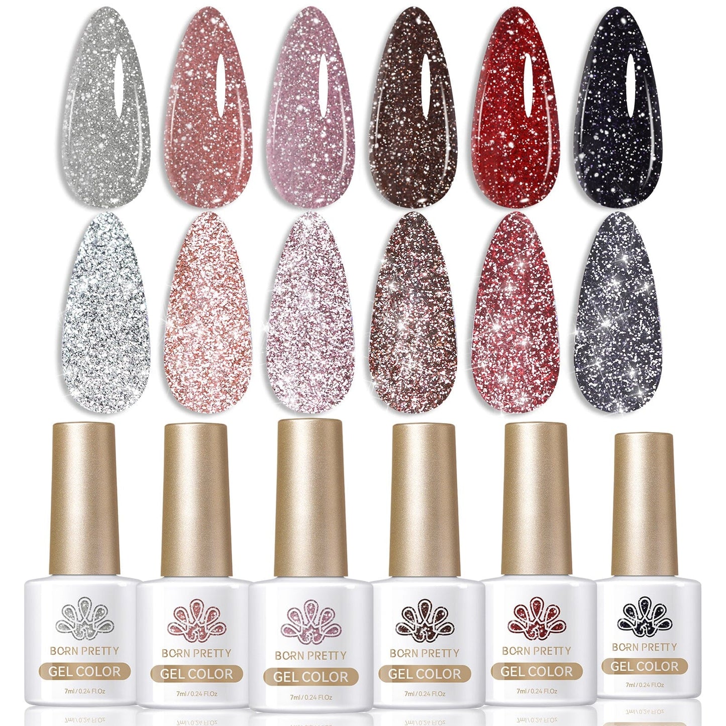 6 Colors BORN PRETTY Red Black Reflective Glitter Gel Polish Set 7ml