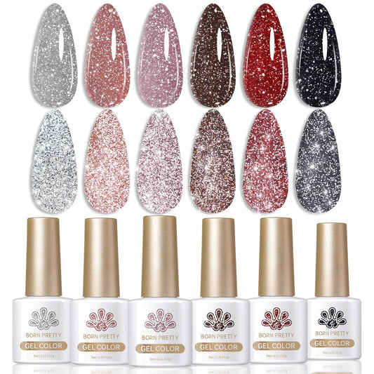 6 Colors BORN PRETTY Red Black Reflective Glitter Gel Polish Set 7ml