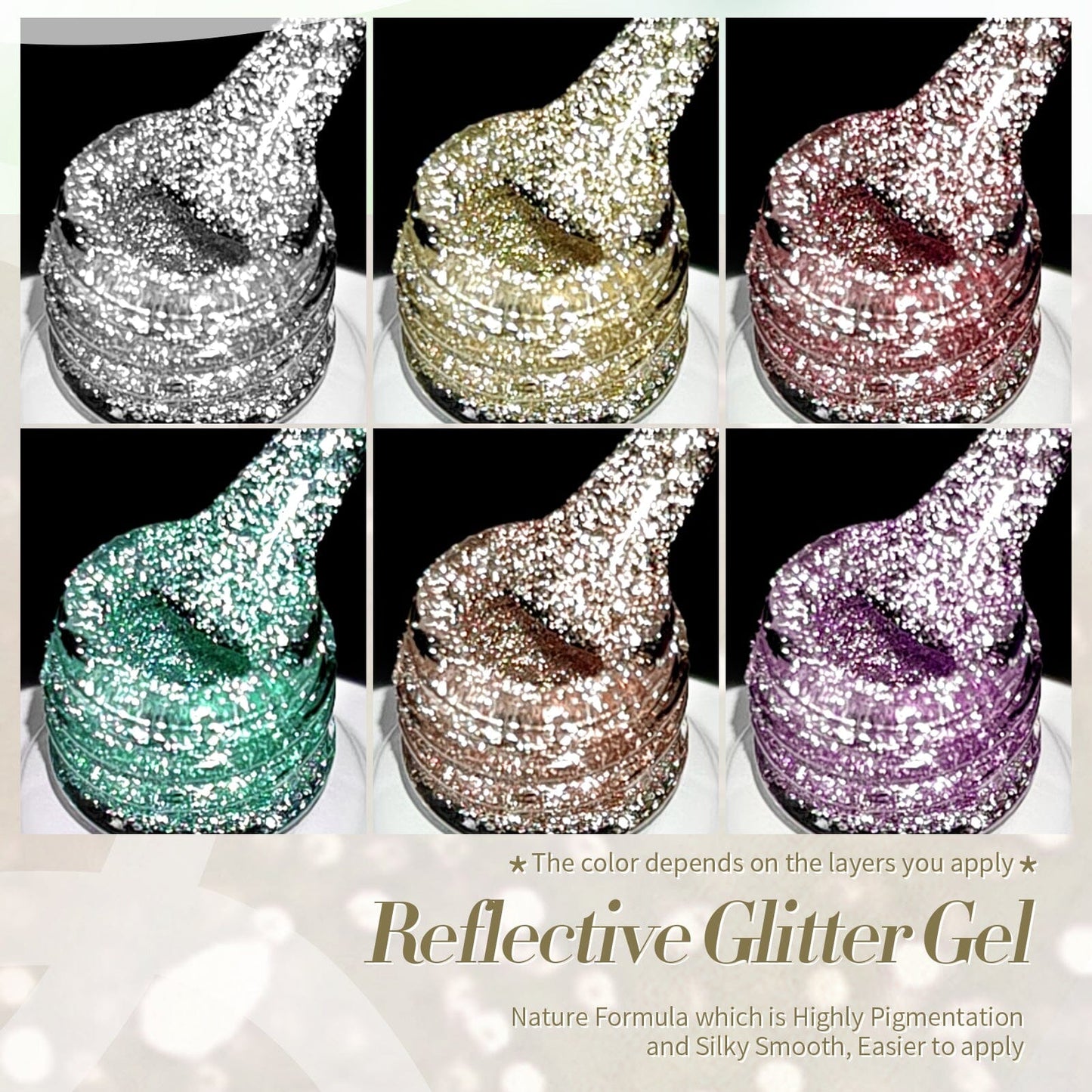 6 Colors Reflective Glitter Gel Polish Set T20 Carat Mirage 7ml